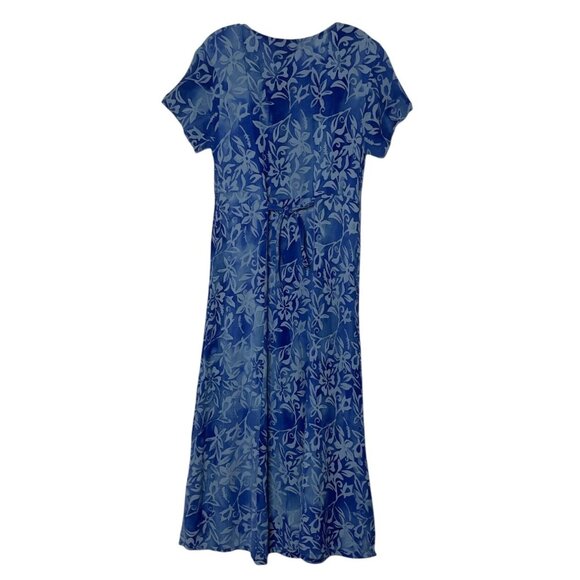 Vintage Orvis Womens Blue Floral Crinkle Rayon Midi Dress Sz Large Short Sleeves - Picture 2 of 5